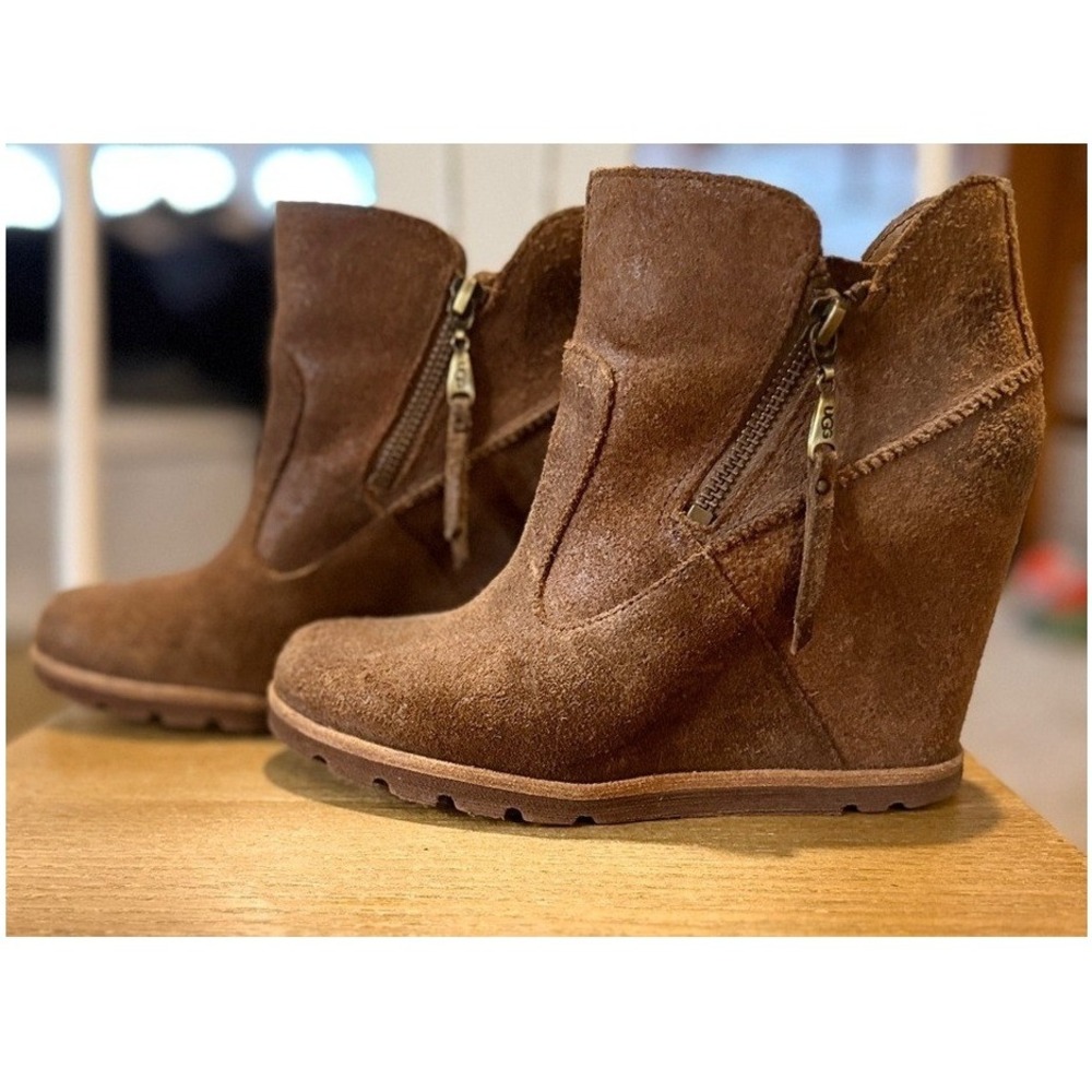 UGG Chestnut Suede Wedge Ankle Booties with Side Zip